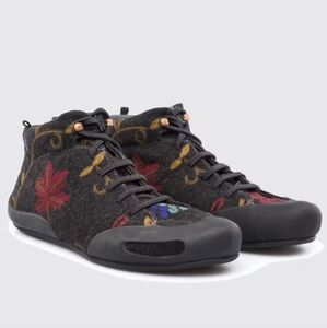 Camper Dark Gray Felt Ankle Sneakers with Red & Yellow Floral Embroidery